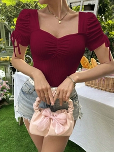 Slim fit burgundy square neck T-shirt with puff sleeves and bow details for women