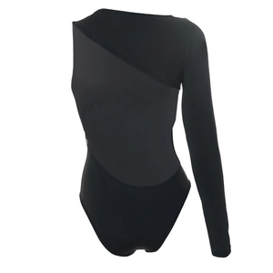 Detail of black one-shoulder bodysuit featuring asymmetric mesh panels and slim fit design