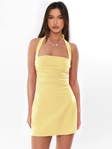Mini-robe dos nu jaune citron sexy avec fronces latérales et coupe moulante flatteuse