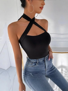 Débardeur Femme Sexy à Col Dos Nu Croisé en Tricot Côtelé Dos Nu Coupe Ajustée Sans Manches Couleur Unie Streetwear Top
