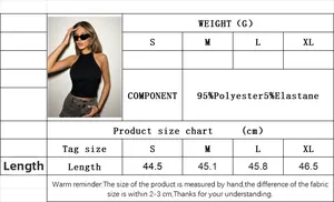Size chart for halter tank top with material specs and length measurements in centimeters