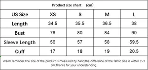 Detailed sizing chart for V-neck long sleeve slim top in sizes XS to L with CM measurements