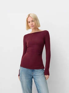 Women's burgundy off-shoulder slim knit top with side pleats and elegant long sleeves