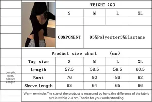 Detaillierte Größentabelle für rückenfreies Langarmshirt mit Materialinformationen