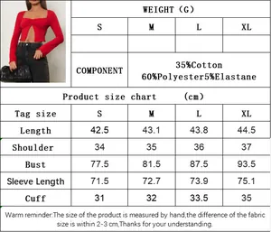 Size guide for women long sleeve crop top with cotton blend fabric and S-XL measurements
