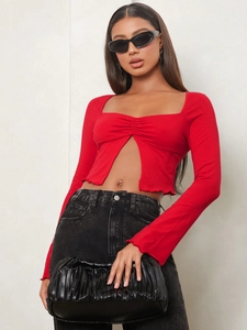 Slim fit red long sleeve crop top with front slit and ruching detail for women