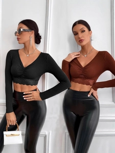Slim fit V-neck long sleeve crop top with lace hem in black and brown colors