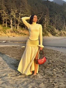 Slim fit light yellow long sleeve top and side slit maxi skirt set for women