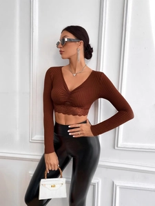 Slim fit V-neck long sleeve crop top in dark brown with lace trim and pleated front detail