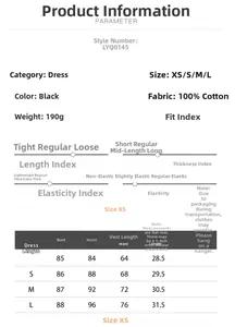 Size chart for backless cotton dress featuring measurements and fabric care details