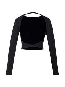 Détail d'un haut court noir à manches longues dos nu avec un design à nœud croisé stylé