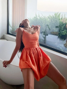 Women Summer Cotton Mini Dress Backless Spaghetti Strap Bow Tie V Neck High Waist A-Line Casual Vacation Dress