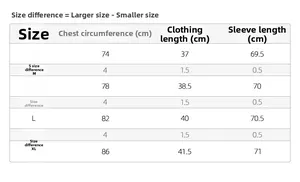 Detailed size chart for square neck long sleeve top showing S to XL dimensions in cm