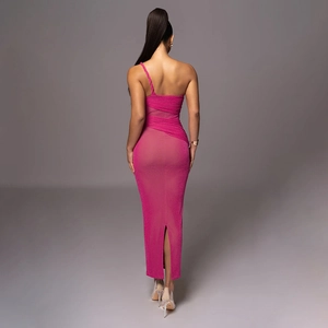 Rear view of slim-fit rose pink one-shoulder dress with side mesh panels and split hem