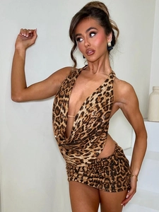 Fashionable leopard print halter neck mini dress with sequins and deep V-neckline