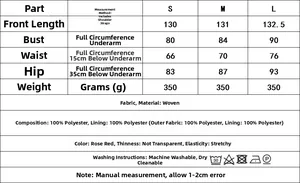 Detailed size chart for the embroidered sleeveless dress with measurements and fabric info
