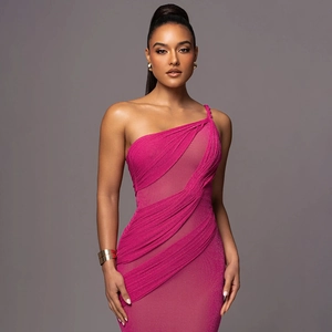 Close-up of fuchsia one-shoulder sequin dress with sheer mesh panel and ruched details