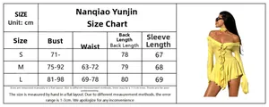 Size chart for yellow off-shoulder long sleeve mini dress with ruffle details