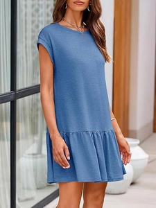 Robe trapèze bleu ciel pour femme en coton et lin avec manches courtes et volant