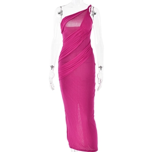 Detail view of hot pink one-shoulder dress with elegant pleats and slim fit long silhouette