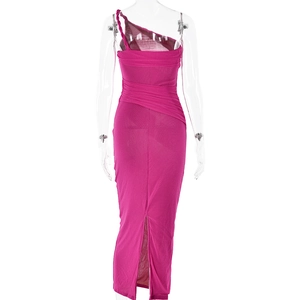 Close-up of rose red one-shoulder dress with waist pleats and back slit on transparent model