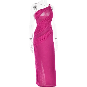 Detail of ruched texture and one-shoulder neckline on vibrant hot pink bodycon dress