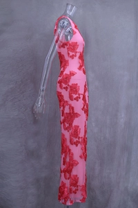 Detailed side view of pink sleeveless maxi dress with red 3D floral embroidery