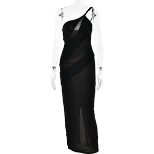Detail of sexy black one-shoulder maxi dress with pleated texture and mesh splicing