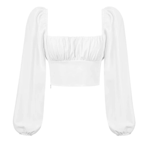 Detail of square neckline and elastic smocked chest on white puff sleeve crop top