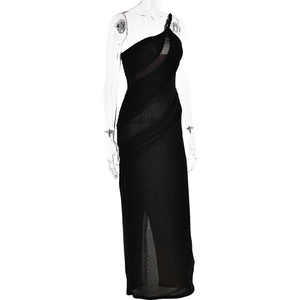 Detail of black one-shoulder dress showing mesh splicing and pleated texture details