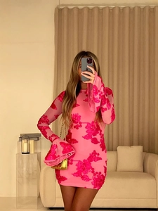 Pink floral velvet dress with elegant bell sleeves and slim fit for summer vacation style