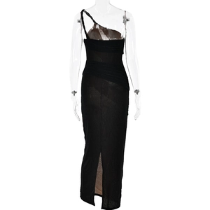 Detail of the back slit and pleated waist on a black one-shoulder maxi dress
