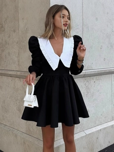 French Vintage Contrast Peter Pan Collar Mini Dress Elegant Black White Puff Long Sleeve A-Line Short Dress For Women