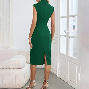 Detail view of the back of a sleeveless deep green midi dress with stylish back slit