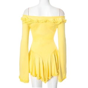 Back view of yellow off-shoulder mini dress with ruffled edges on sleeves and hem