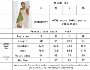 Size chart for slim-fit bodycon dress with measurements in cm and fabric component details