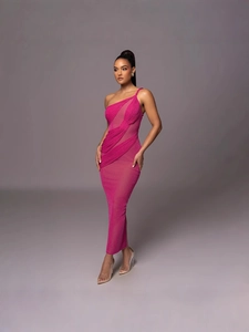 Elegant hot pink one-shoulder bodycon maxi dress with ruched mesh fabric texture