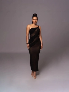 Elegant black one-shoulder evening dress with sheer mesh patchwork and slim fit silhouette