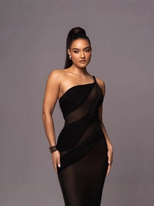 Sexy black one-shoulder slim fit dress with mesh cutouts and backless summer design