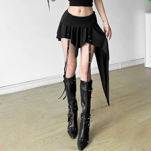 Detail view of black irregular skirt featuring drawstring waist and pearl bead charms