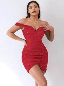 Women Sexy Off Shoulder Sequin Ruched Mini Dress Glitter Bodycon V Neck Party Cocktail Evening Clubwear Dress