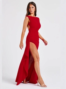 Abito lungo rosso sexy con schiena scoperta e spacco laterale per l'estate