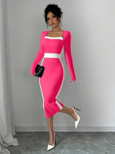 Elegant slim-fit square neck long sleeve midi dress in vibrant pink and white contrast