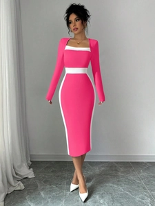 Elegant rose red bodycon dress with white geometric contrast side panels and square neck