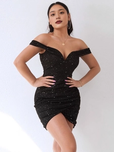 Elegant black off-shoulder sequin party dress with slim fit and crossover hem design