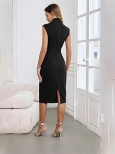 Elegant sleeveless black bodycon dress with high neck and back slit for parties