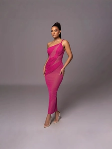 Sexy rose red one-shoulder bodycon maxi dress with mesh ruffles and cutout detail