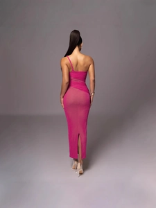 Elegant rose red one-shoulder slim fit maxi dress with back slit and sequin finish