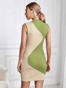 Slim fit sleeveless ribbed mini dress with olive green and beige color block design