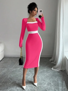 French style bright pink bodycon dress with white stripes and pointed toe heels